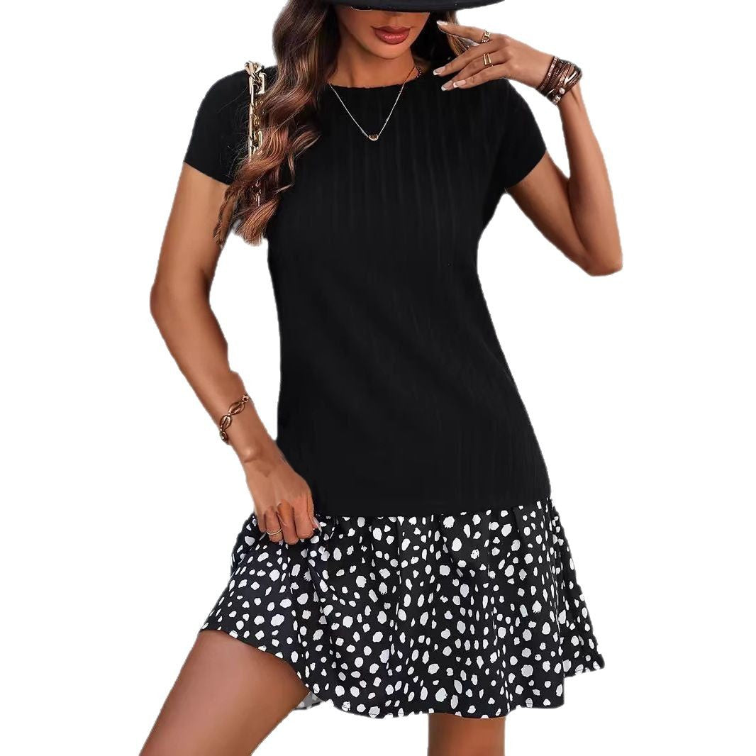 Wide-striped Brushed Short-sleeve Dress For Women