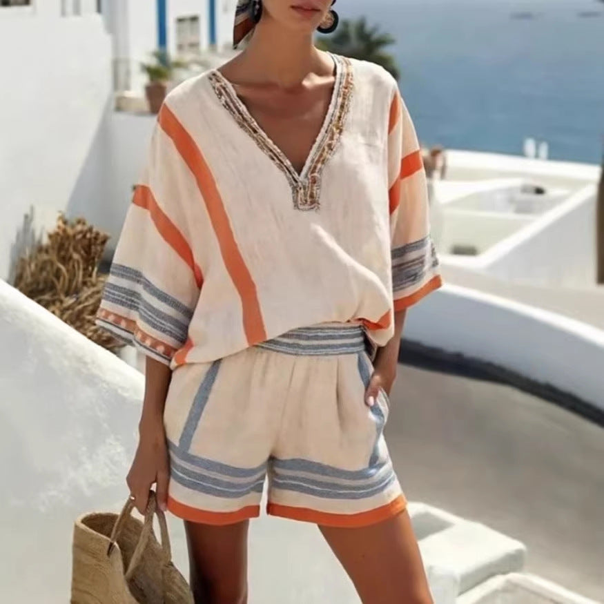 Linen Striped Printed V-Neck Top And Shorts Set For Women