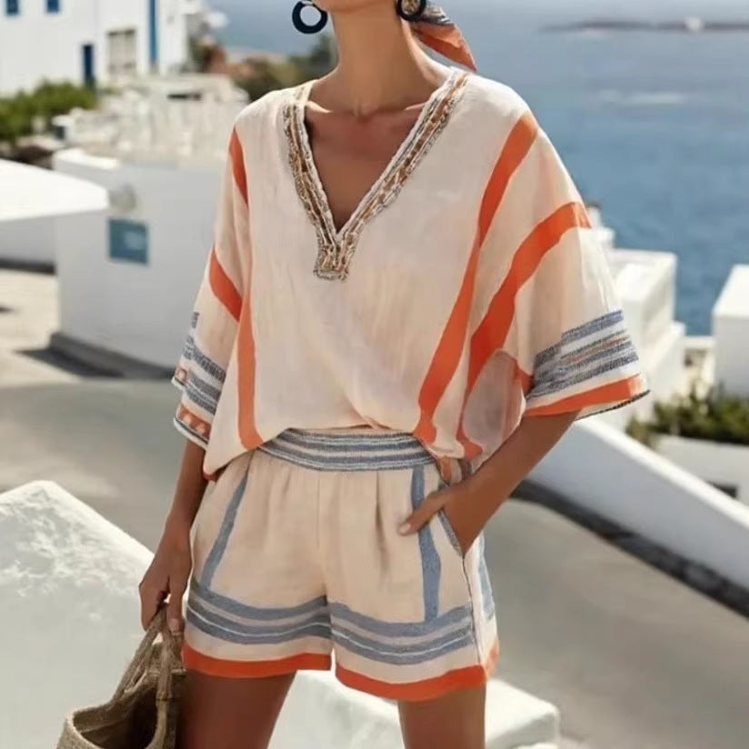 Linen Striped Printed V-Neck Top And Shorts Set For Women