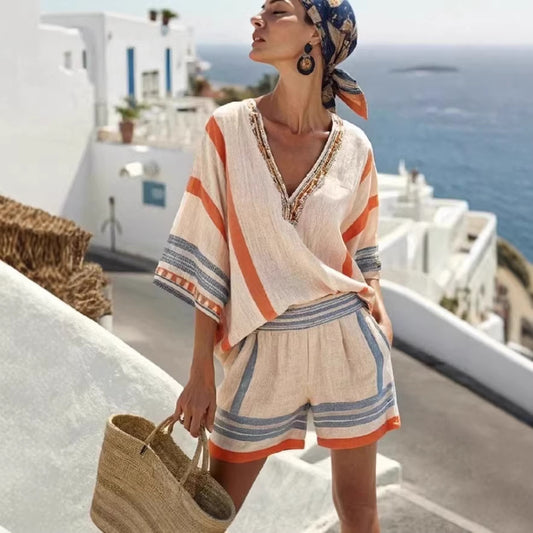 Linen Striped Printed V-Neck Top And Shorts Set For Women