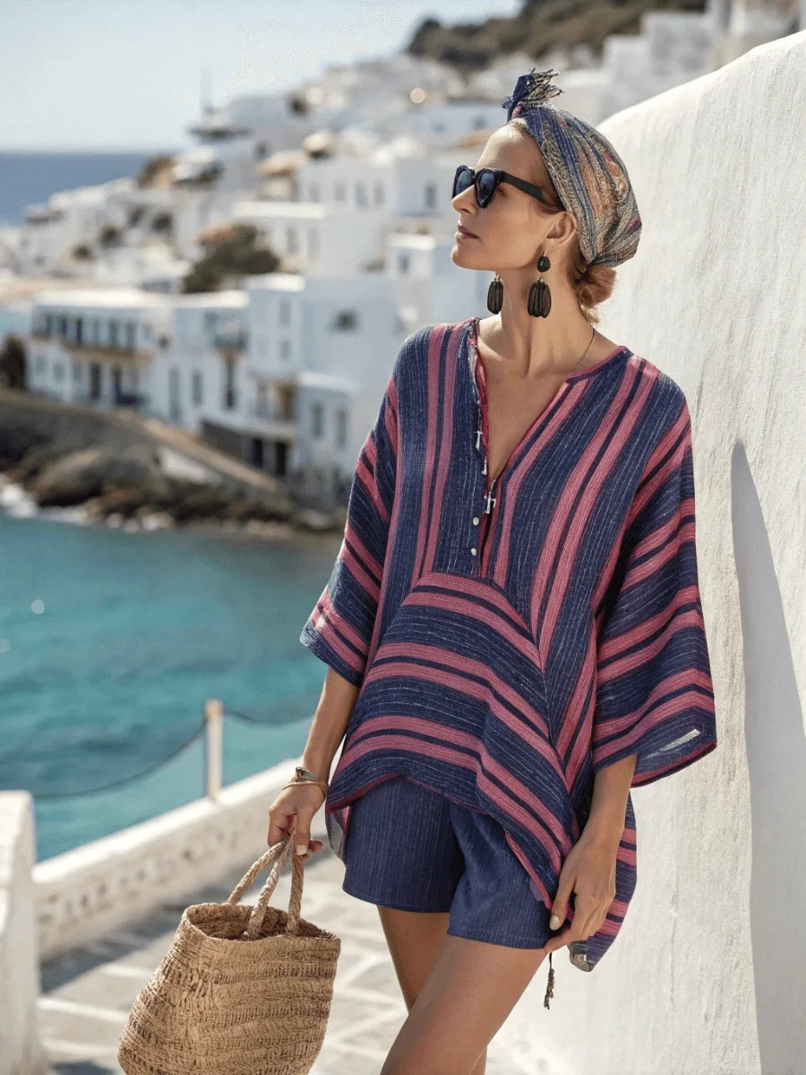 Linen Striped Printed V-Neck Top And Shorts Set For Women