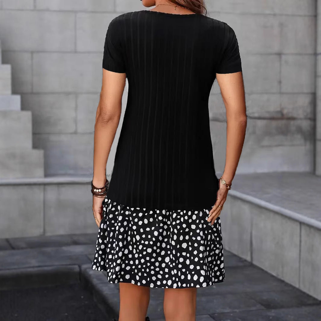 Wide-striped Brushed Short-sleeve Dress For Women