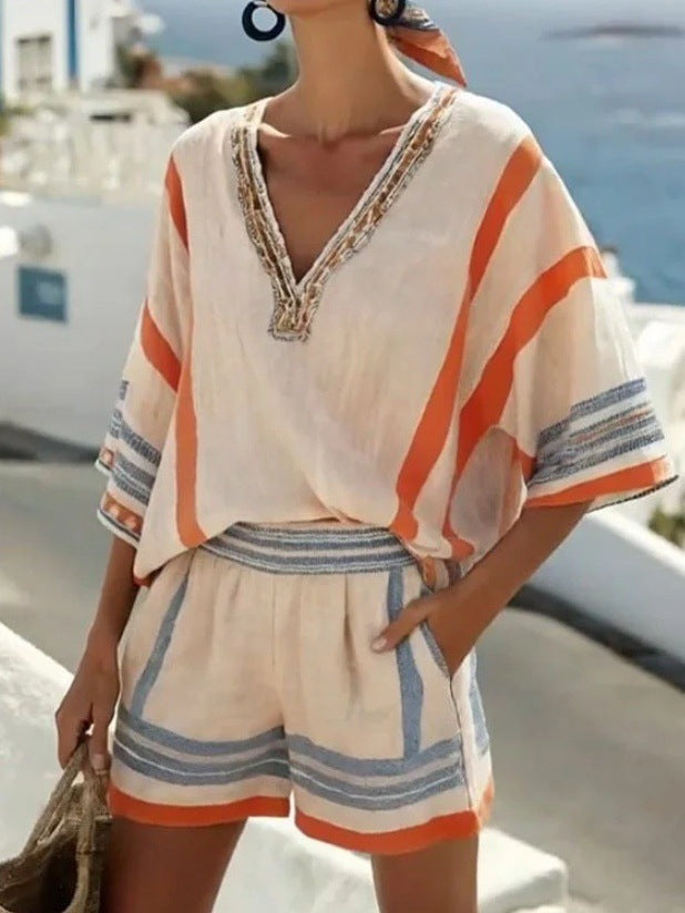 Linen Striped Printed V-Neck Top And Shorts Set For Women