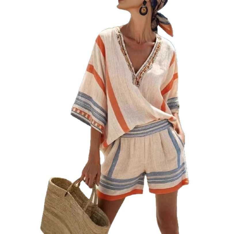 Linen Striped Printed V-Neck Top And Shorts Set For Women